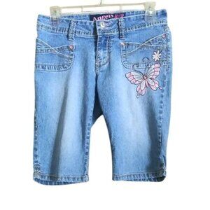 Girls Angles Jeans Shorts  7 Rhinestones Butterfly Button Pockets Jean Shorts